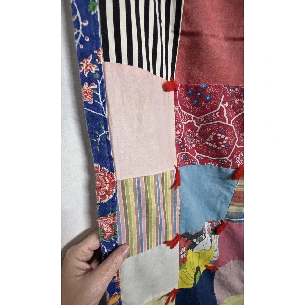 Vintage Handmade Patchwork Tied Quilt 47x40 Cotton Poly Scrap Fabric Folk Art